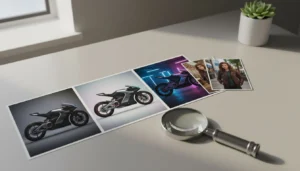 Photoreal desk scene illustrating a Midjourney V7 review with prompt control, style consistency, and upscaling inspection.