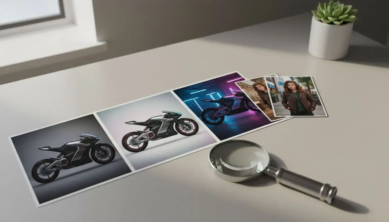 Photoreal desk scene illustrating a Midjourney V7 review with prompt control, style consistency, and upscaling inspection.