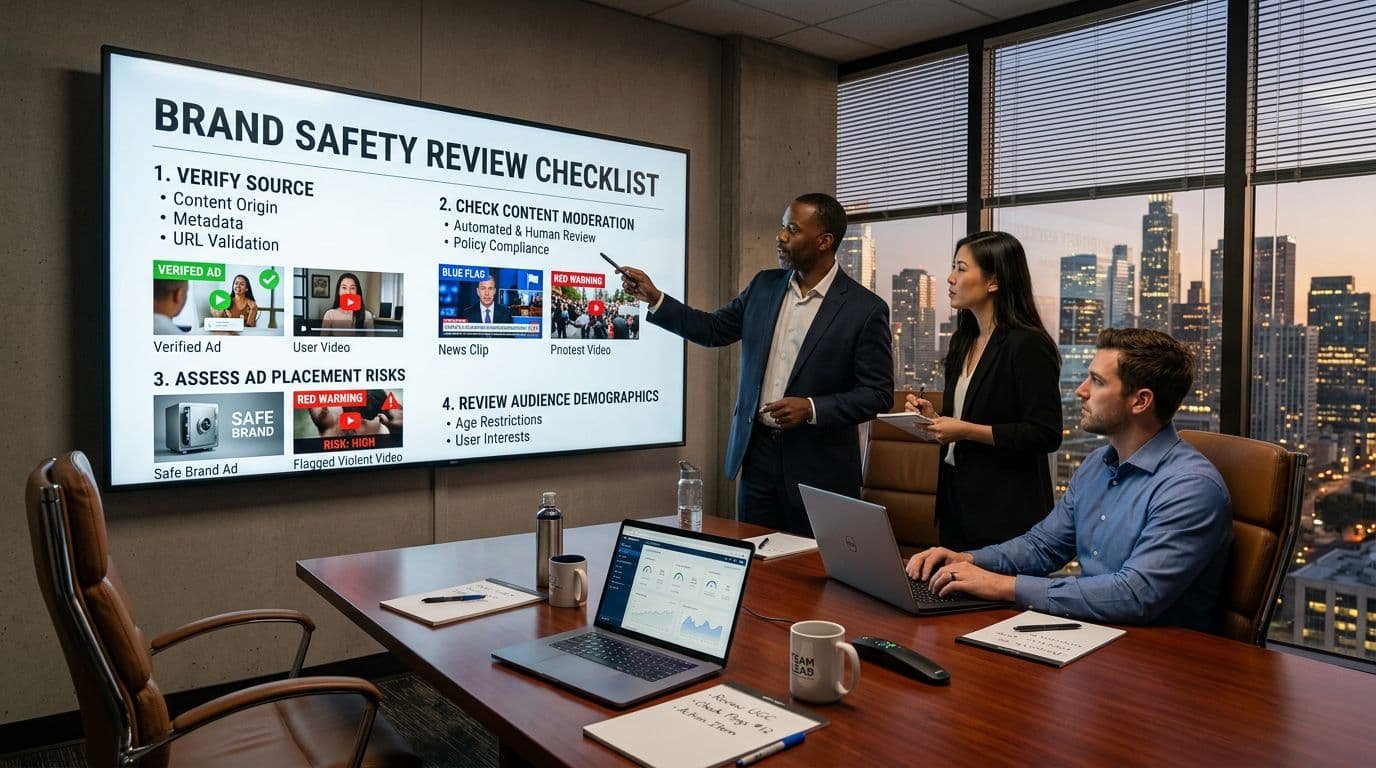 A brand safety review checklist on a conference room screen, with video thumbnails and "verify source" steps.
