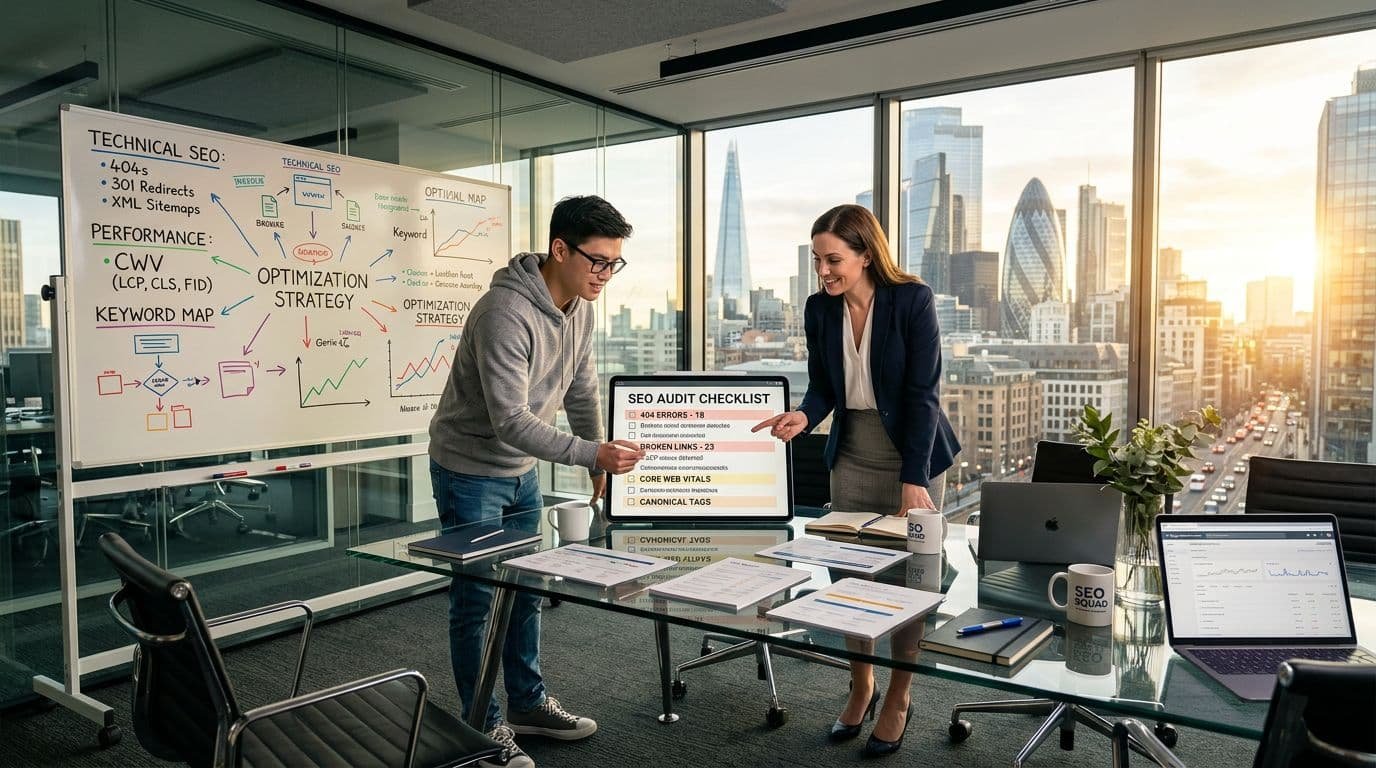 A developer and marketer in a conference room reviewing an SEO audit checklist on a tablet, with a whiteboard showing "404s, redirects, canonicals, CWV" written in marker.