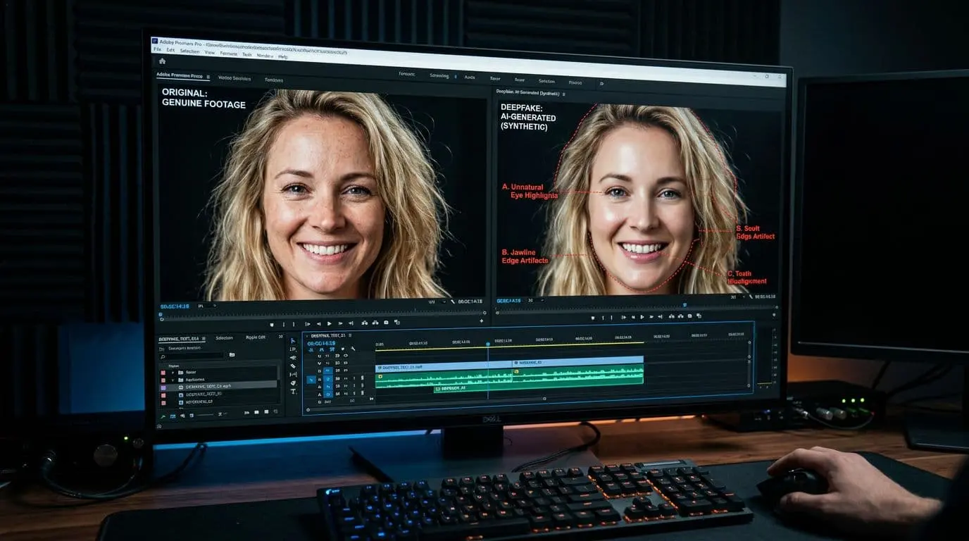 A split-screen close-up showing a real face and a deepfake face on a video editor timeline, with subtle artifacts highlighted.