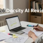 Photorealistic wide landscape of a student in a cozy modern study nook reviewing printed notes at a laptop desk, with study props like highlighter, sticky notes, quiz sheet, concept map, and smartphone suggesting AI voice transcription, in soft golden-hour light. Docsity AI.