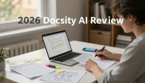 Photorealistic wide landscape of a student in a cozy modern study nook reviewing printed notes at a laptop desk, with study props like highlighter, sticky notes, quiz sheet, concept map, and smartphone suggesting AI voice transcription, in soft golden-hour light. Docsity AI.