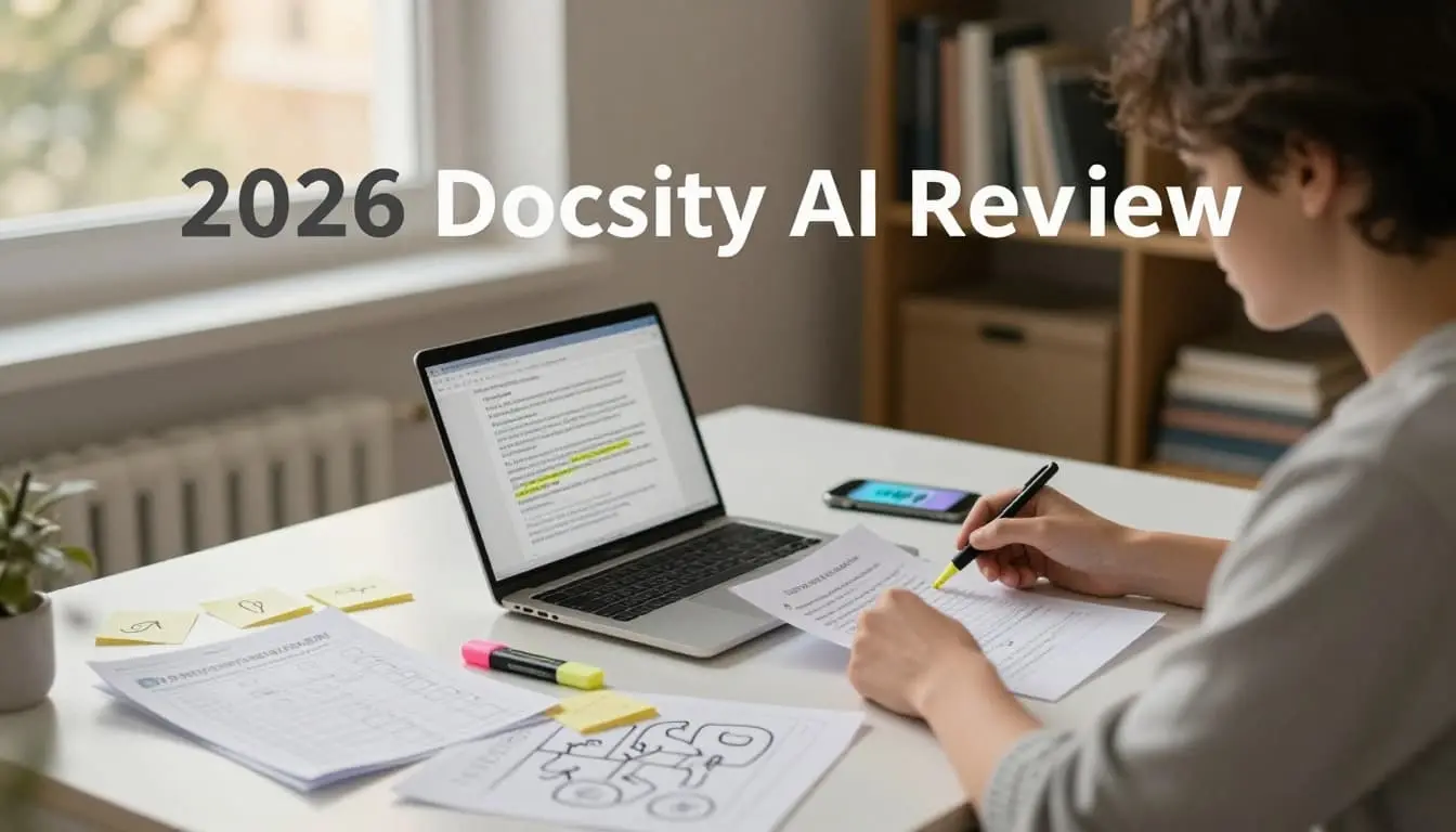 Photorealistic wide landscape of a student in a cozy modern study nook reviewing printed notes at a laptop desk, with study props like highlighter, sticky notes, quiz sheet, concept map, and smartphone suggesting AI voice transcription, in soft golden-hour light. Docsity AI.