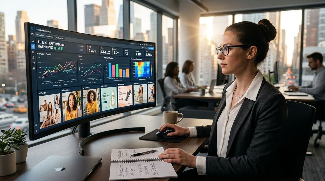 A US performance marketer reviewing a dashboard with multiple Facebook and Instagram ad variants, visible metrics like CTR and CPA, realistic office lighting, shallow depth of field.