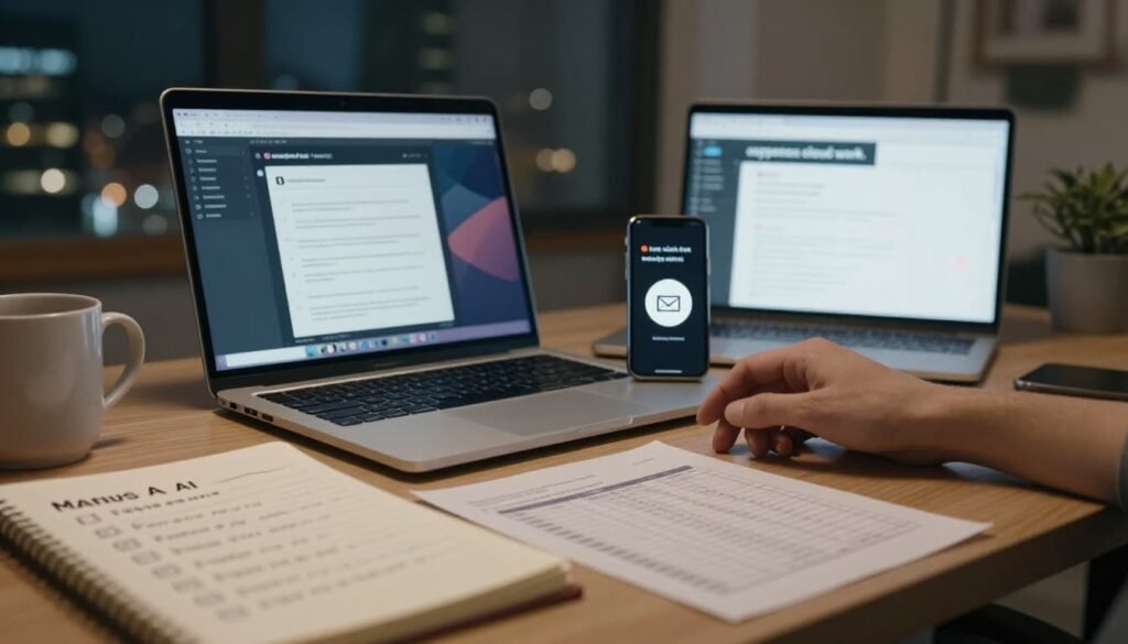 Photorealistic banner of a modern home office at night with warm lighting, showing a laptop running an abstract Manus AI agent amid freelancer tools like a checklist notepad, blurred spreadsheet, coffee mug, smartphone notifications, and a dashboard monitor.
