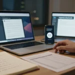 Photorealistic banner of a modern home office at night with warm lighting, showing a laptop running an abstract Manus AI agent amid freelancer tools like a checklist notepad, blurred spreadsheet, coffee mug, smartphone notifications, and a dashboard monitor.