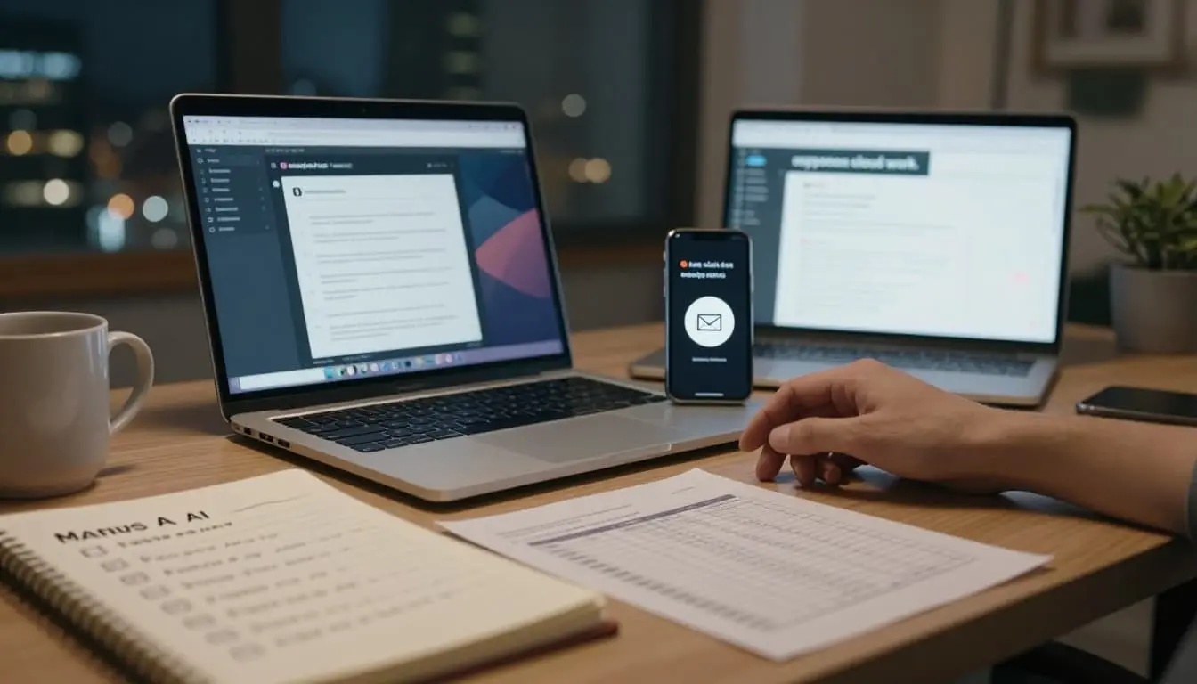 Photorealistic banner of a modern home office at night with warm lighting, showing a laptop running an abstract Manus AI agent amid freelancer tools like a checklist notepad, blurred spreadsheet, coffee mug, smartphone notifications, and a dashboard monitor.