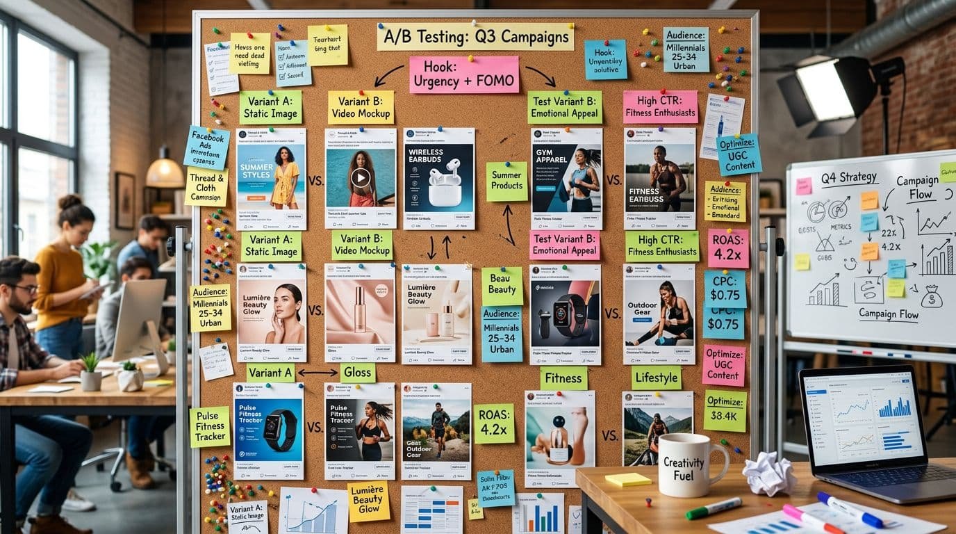 A wall of printed Facebook and Instagram ad creatives arranged like an A/B testing board, sticky notes labeling hooks and audiences, realistic studio lighting.