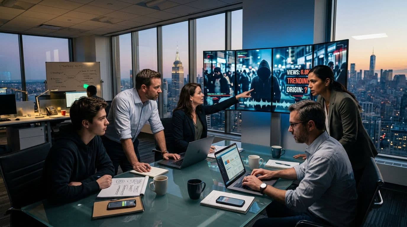 A marketing team reviewing a suspicious viral video on large monitors in a modern US office.