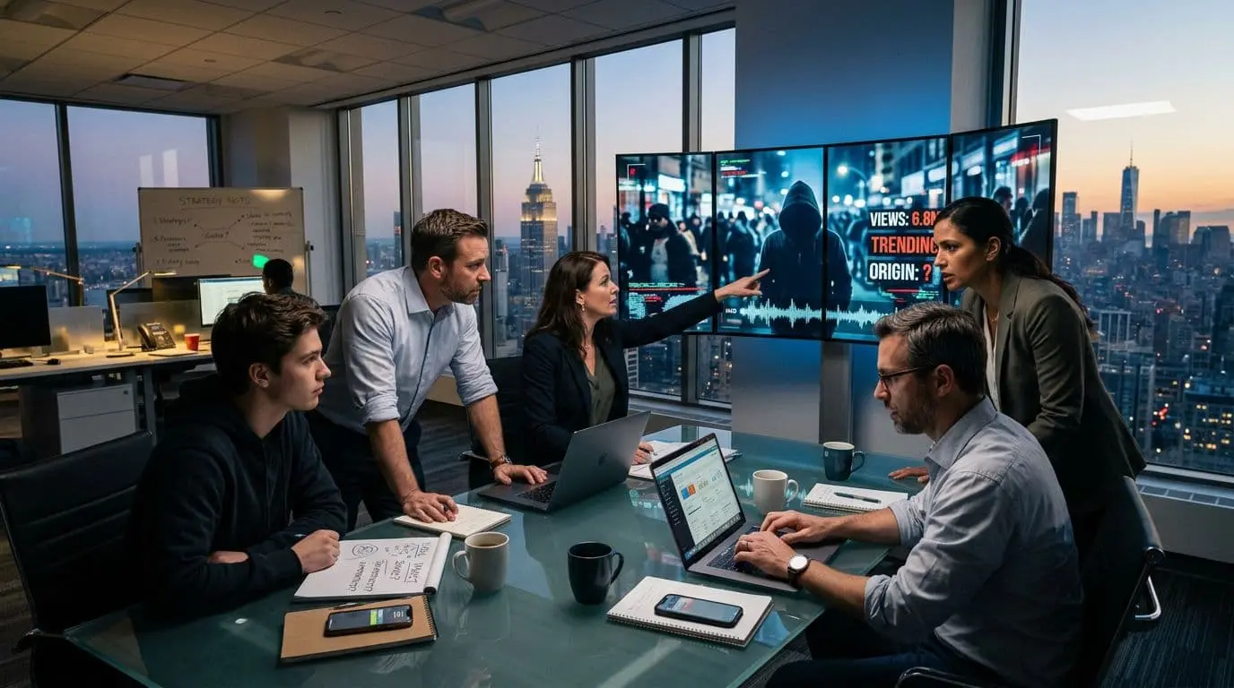 A marketing team reviewing a suspicious viral video on large monitors in a modern US office.