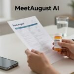Photorealistic hero image showing hands holding a printed lab report and prescription bottle on a modern clean home office desk, with notebook, pen, and blurred smartphone, suggesting use of an AI health companion for understanding symptoms, medications, and results. Meetaugust AI