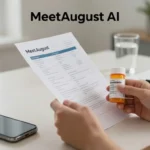 Photorealistic hero image showing hands holding a printed lab report and prescription bottle on a modern clean home office desk, with notebook, pen, and blurred smartphone, suggesting use of an AI health companion for understanding symptoms, medications, and results. Meetaugust AI