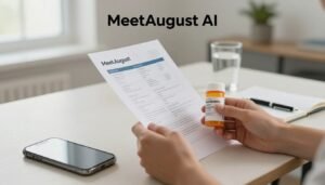 Photorealistic hero image showing hands holding a printed lab report and prescription bottle on a modern clean home office desk, with notebook, pen, and blurred smartphone, suggesting use of an AI health companion for understanding symptoms, medications, and results. Meetaugust AI