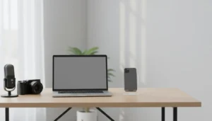 Modern creator desk setup showing an AI shorts workflow with the klap app.