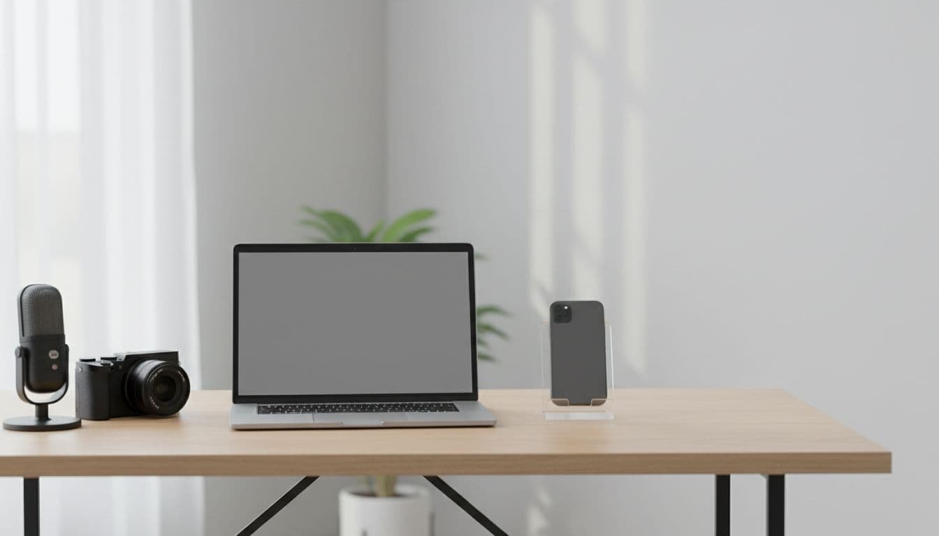 Modern creator desk setup showing an AI shorts workflow with the klap app.