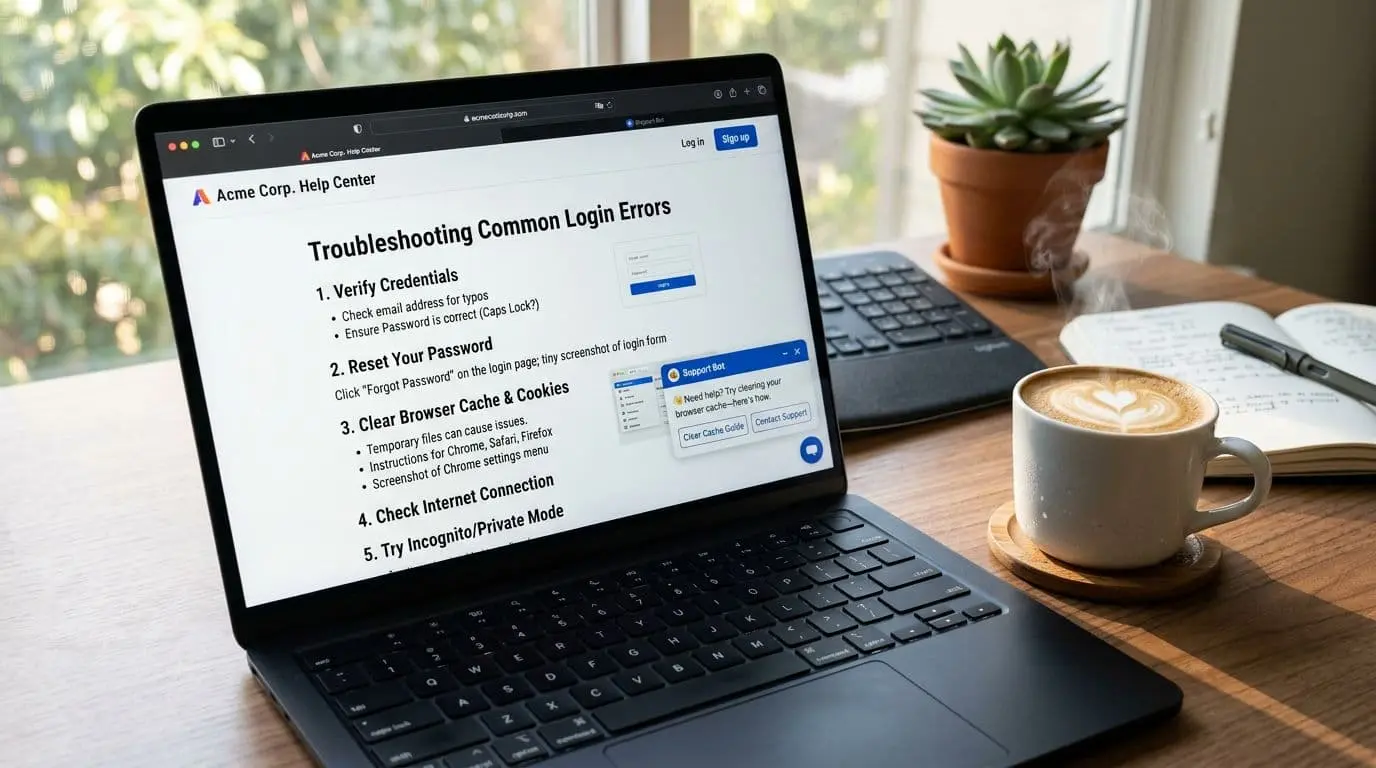 Close-up of a help center article on a laptop, a chat widget suggesting an answer beside it, coffee mug, realistic lighting, shallow depth of field, modern office.