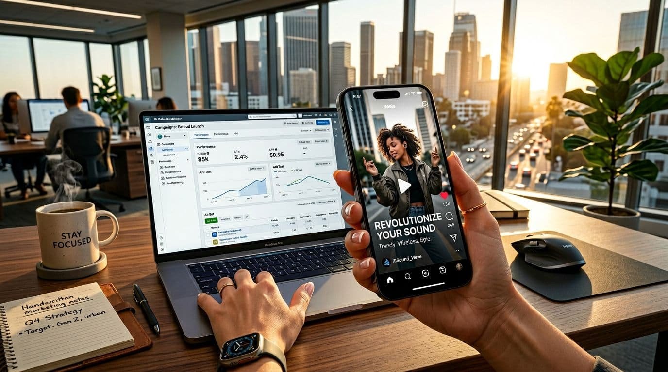 A smartphone showing an Instagram Reel ad preview next to a laptop with Meta Ads Manager open, realistic hands, modern US office setting.