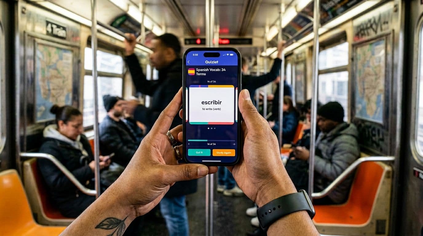 Close-up of hands holding an iPhone on a subway, Quizlet flashcards visible on screen, motion blur in background, morning commute vibe.