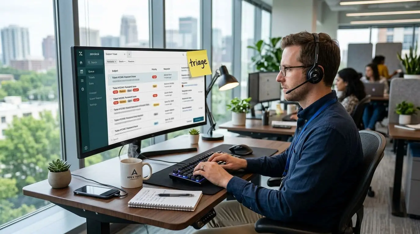 A US-based support agent at a desk, Zendesk-style ticket queue on a widescreen monitor, sticky note reads "triage", natural office lighting, realistic UI blur, high detail.