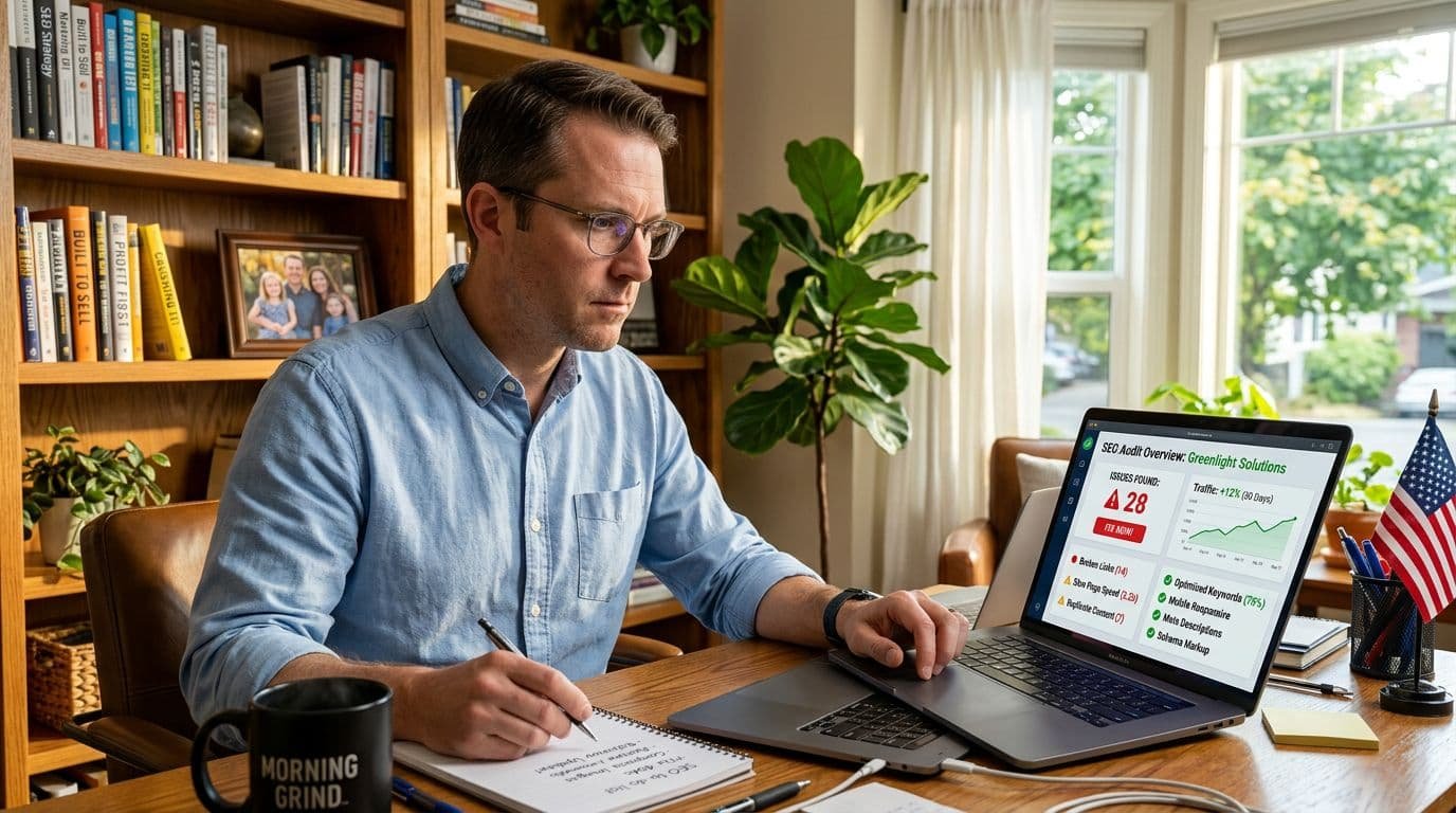 A US small business owner at a laptop in a home office, looking at an SEO site audit dashboard with red and green issue indicators, morning light through a window.
