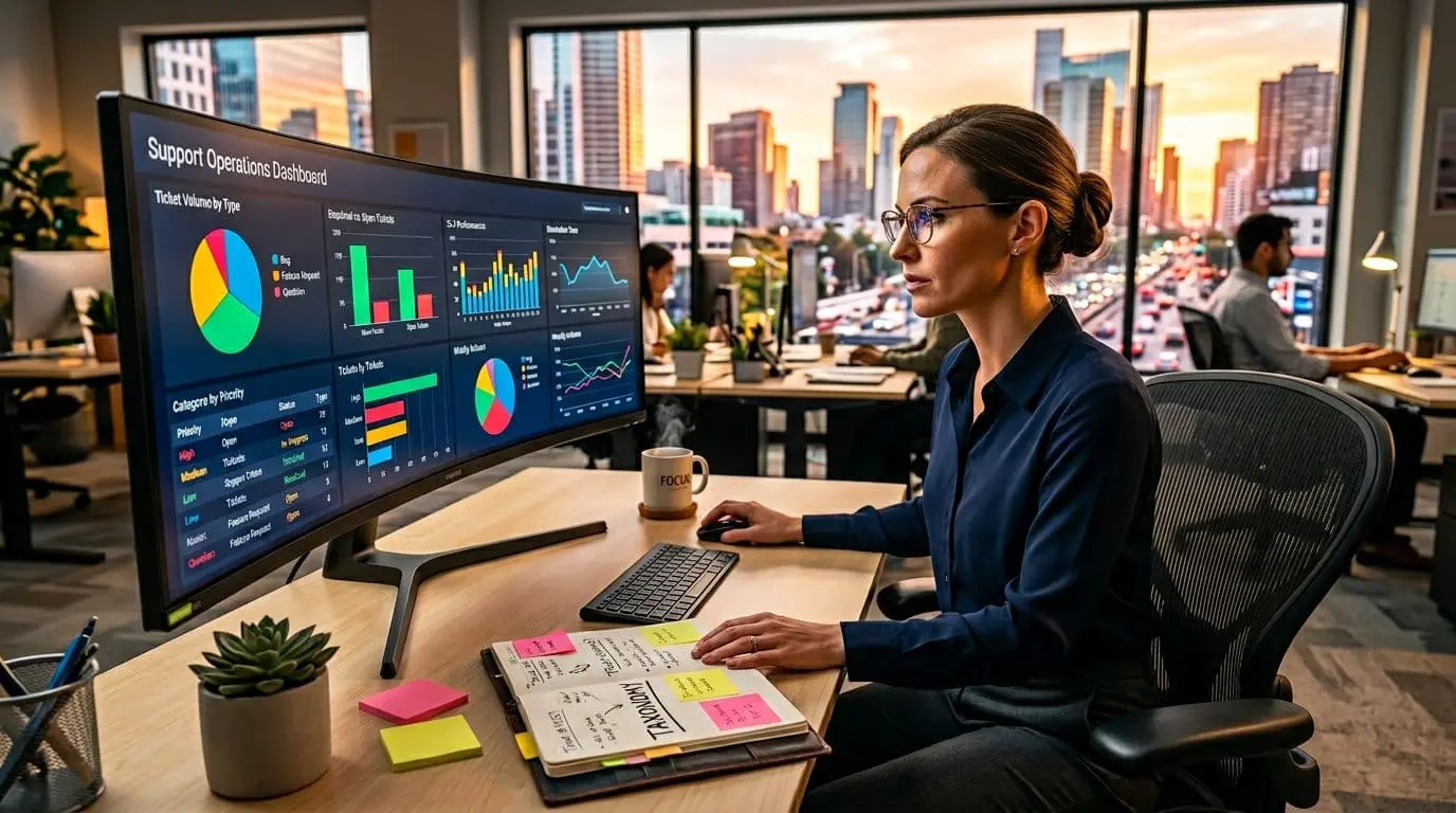 Support operations manager reviewing a dashboard with clean charts and ticket categories on a large monitor, notebook open with "taxonomy" written, realistic office setting, high detail.
