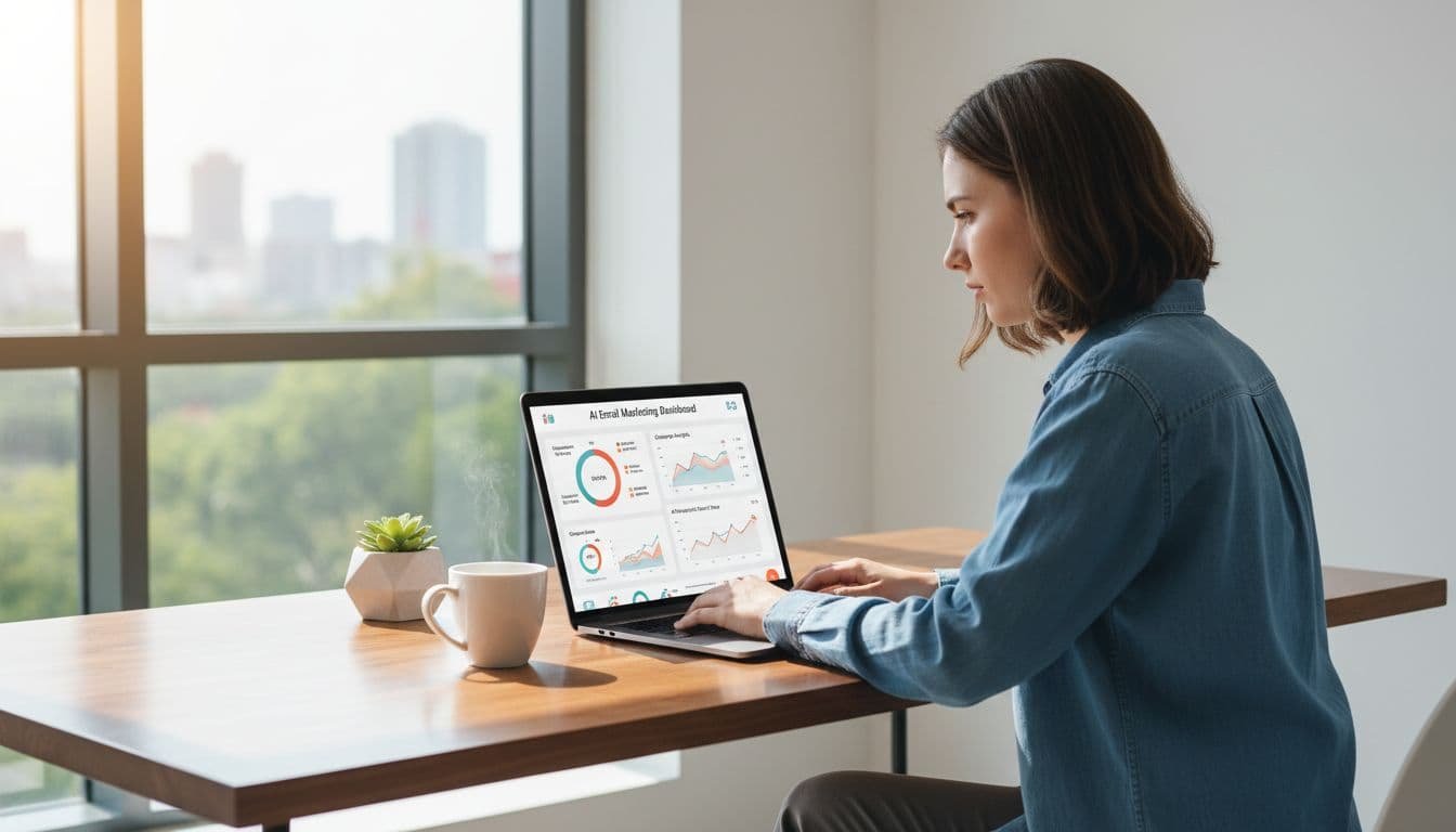 Photo-realistic landscape of a small ecommerce team member in a modern office reviewing AI-powered email marketing dashboard on laptop, displaying customer segments and campaign analytics; focused individual, clean workspace with coffee mug, natural window lighting, high detail, no text or logos.