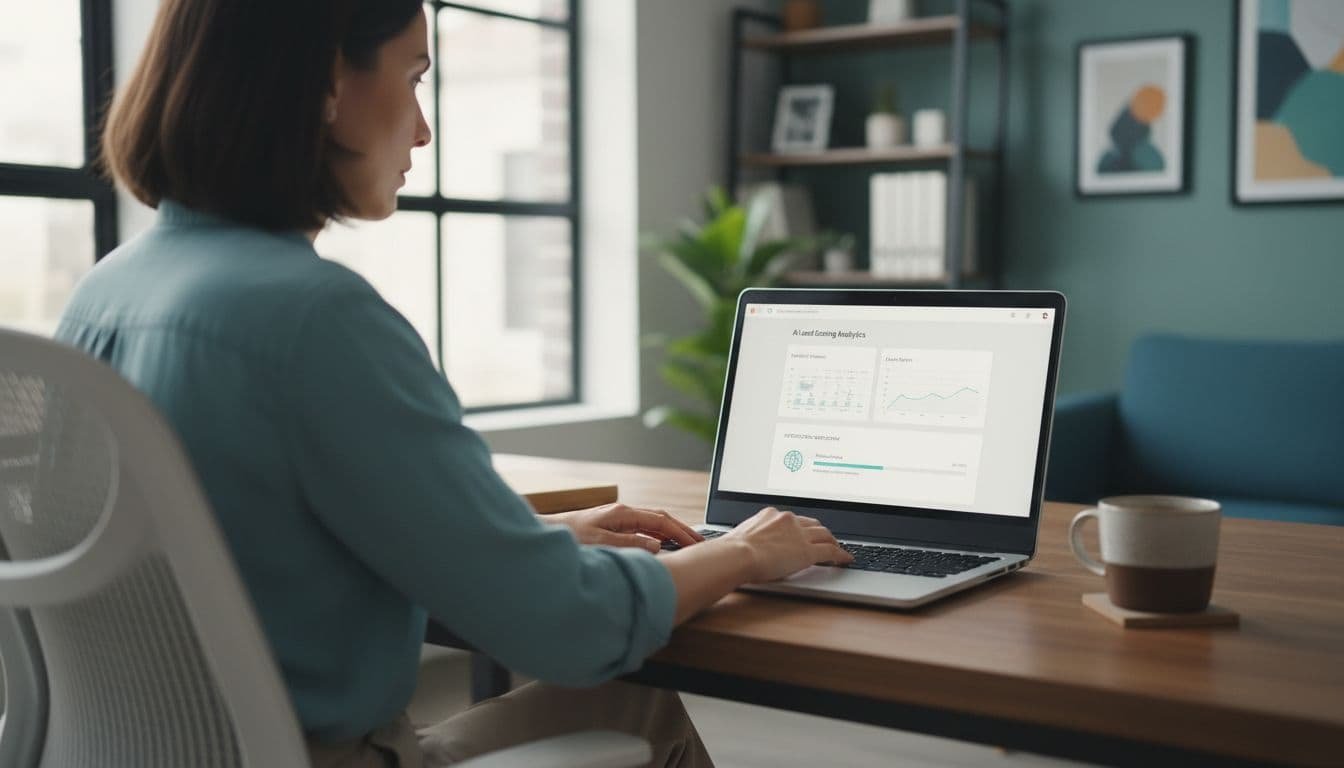 Photo-realistic image of a solo professional in a modern home office working on a laptop during AI lead scoring tool integration, featuring a subtle CRM dashboard and analytics on screen, natural daylight lighting, hands resting naturally, and coffee nearby.