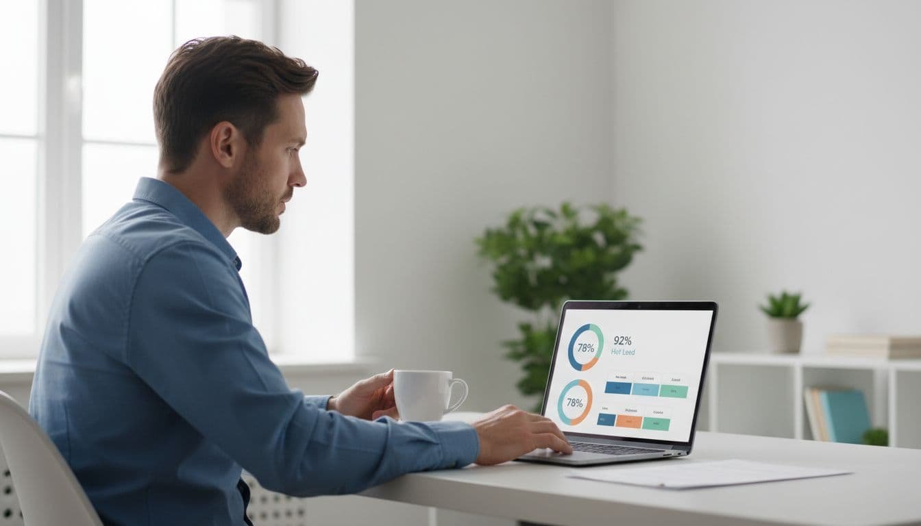Photo-realistic image of a sales professional at a modern desk in a clean office, focused on a laptop displaying subtle AI lead scoring visuals and CRM pipeline, with natural lighting and a coffee mug nearby.