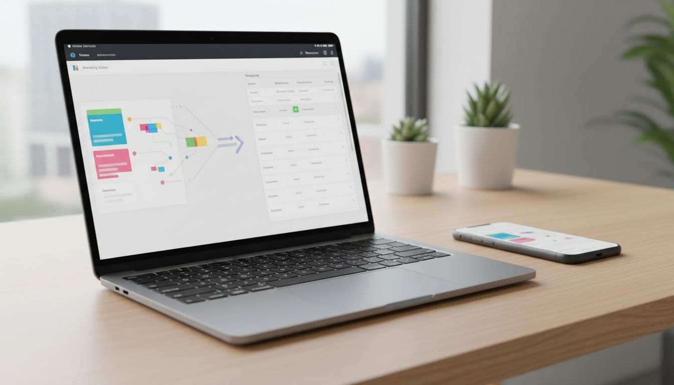 Photo-realistic 16:9 close-up workflow scene showing meeting notes syncing from an AI meeting assistant into a HubSpot CRM pipeline on a laptop screen in a modern SaaS workplace with clean natural lighting and subtle sync animation.