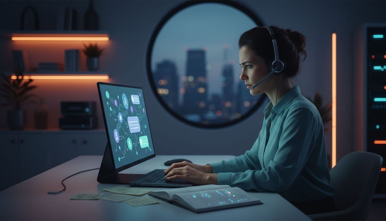 Photo-realistic landscape image showing a support agent in remote setup interacting with AI chat interface on screen via laptop, headset on, notes from knowledge base nearby, professional evening lighting, focused on testing AI responses, no readable text or UI details, one person only, clean collaborative tech environment.
