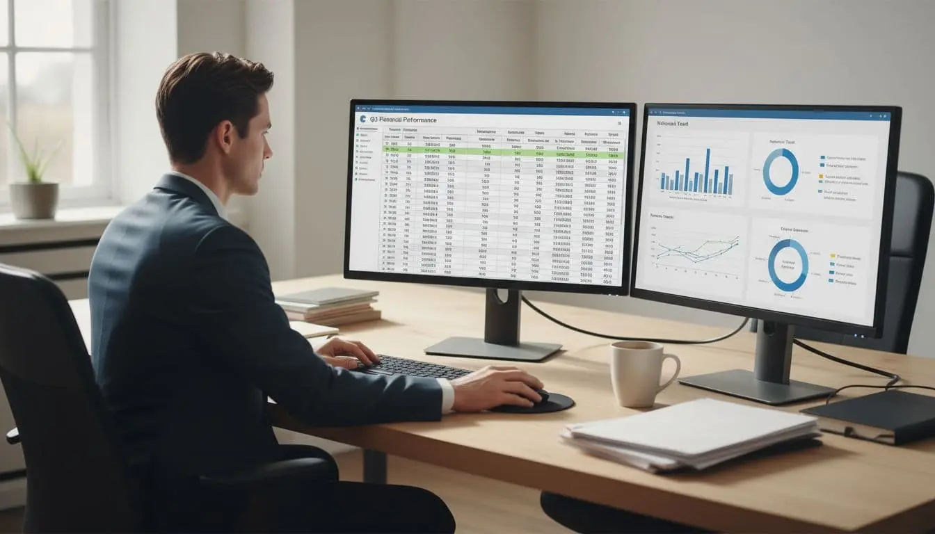 Analyst reviews clean Excel sheet from PDF table on dual monitors with data charts, coffee mug nearby.