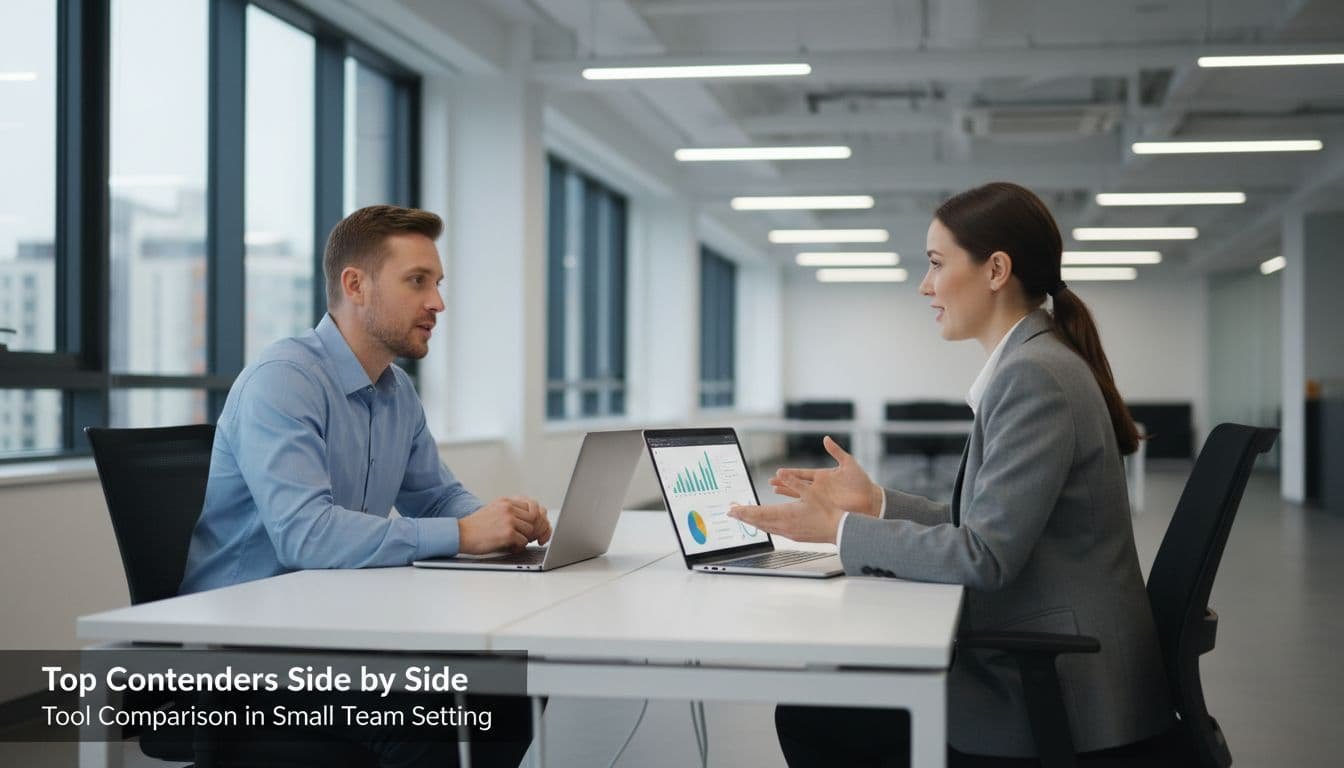 Two analysts at adjacent desks use laptops to compare dashboard reports while talking.
