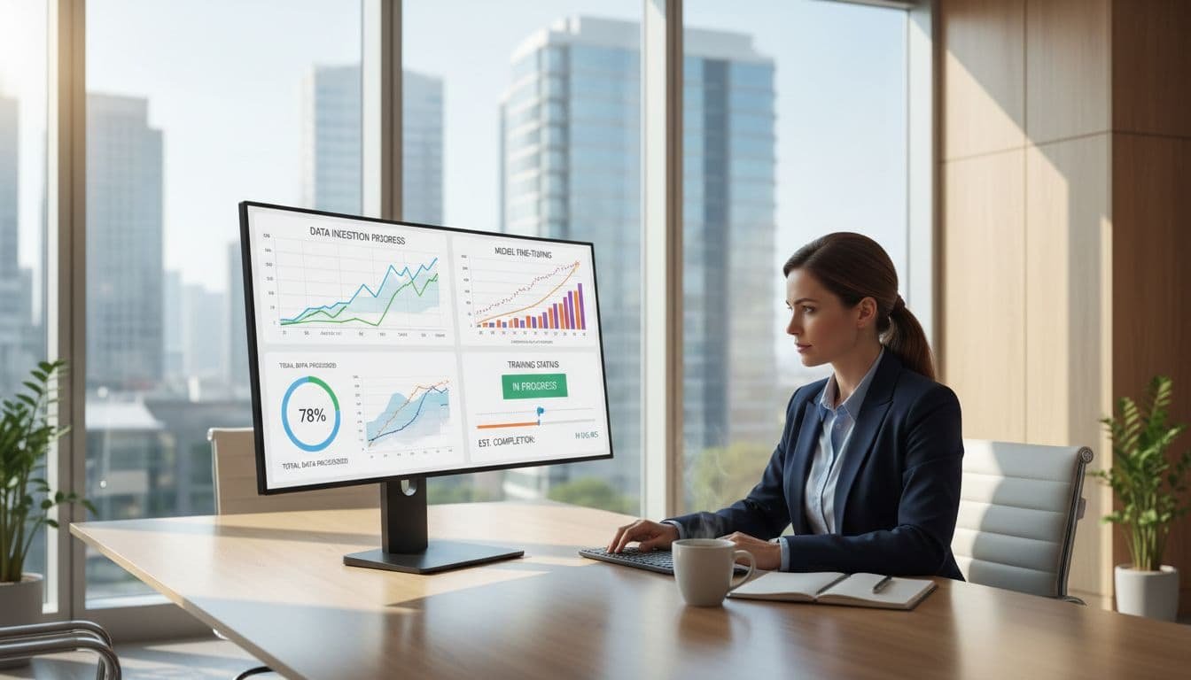 Photo-realistic image of a business analyst in a bright conference room monitoring an AI chatbot training dashboard on a large desktop screen, with graphs showing data ingestion and model fine-tuning progress, and a coffee mug nearby.