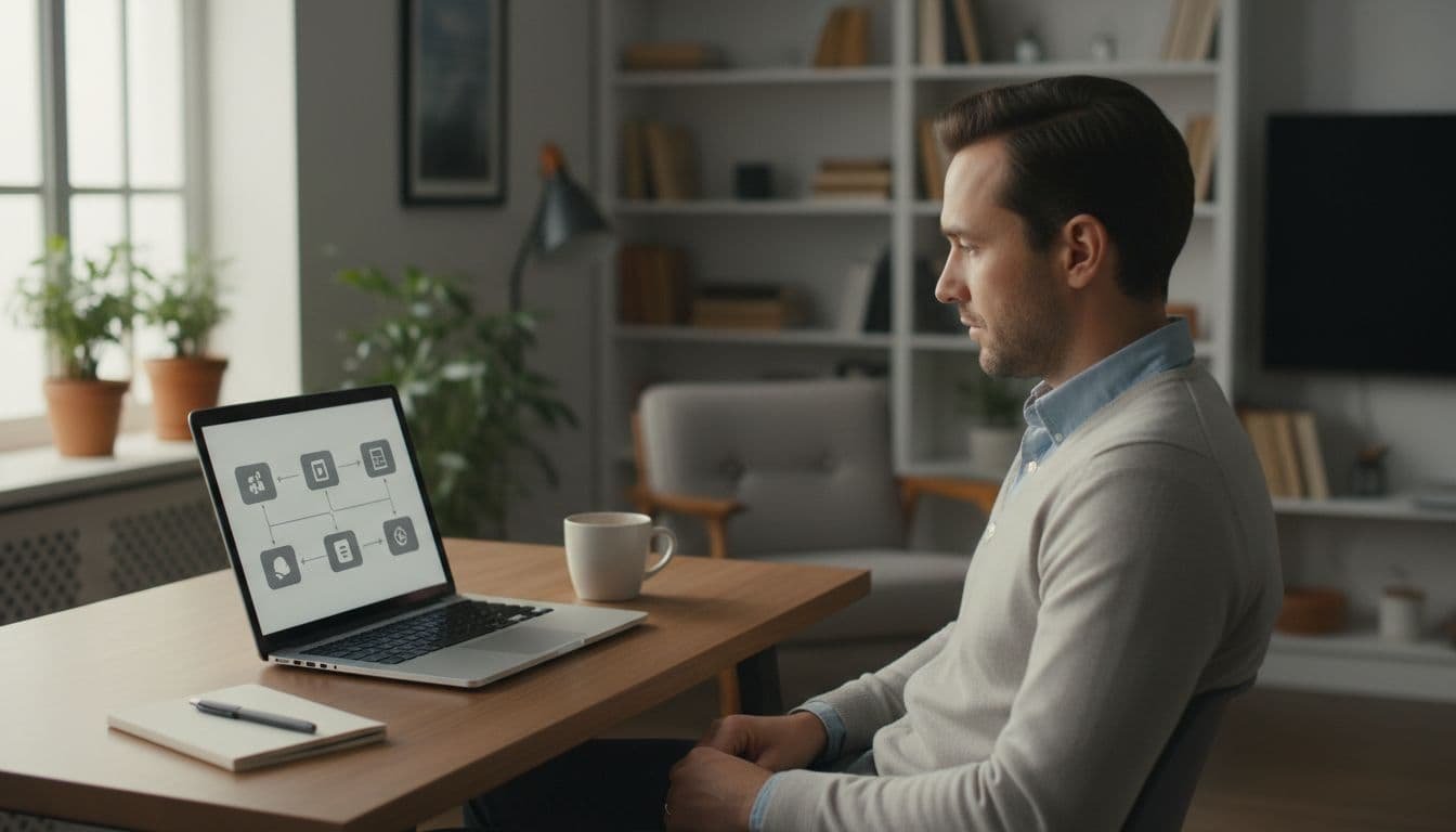 Solo business owner in contemporary home office reviews AI automated task flows on laptop with subtle dashboard showing app integrations like Slack, Trello, and Google Sheets. Coffee mug on desk, natural window light, focused relaxed posture, photo-realistic professional scene.