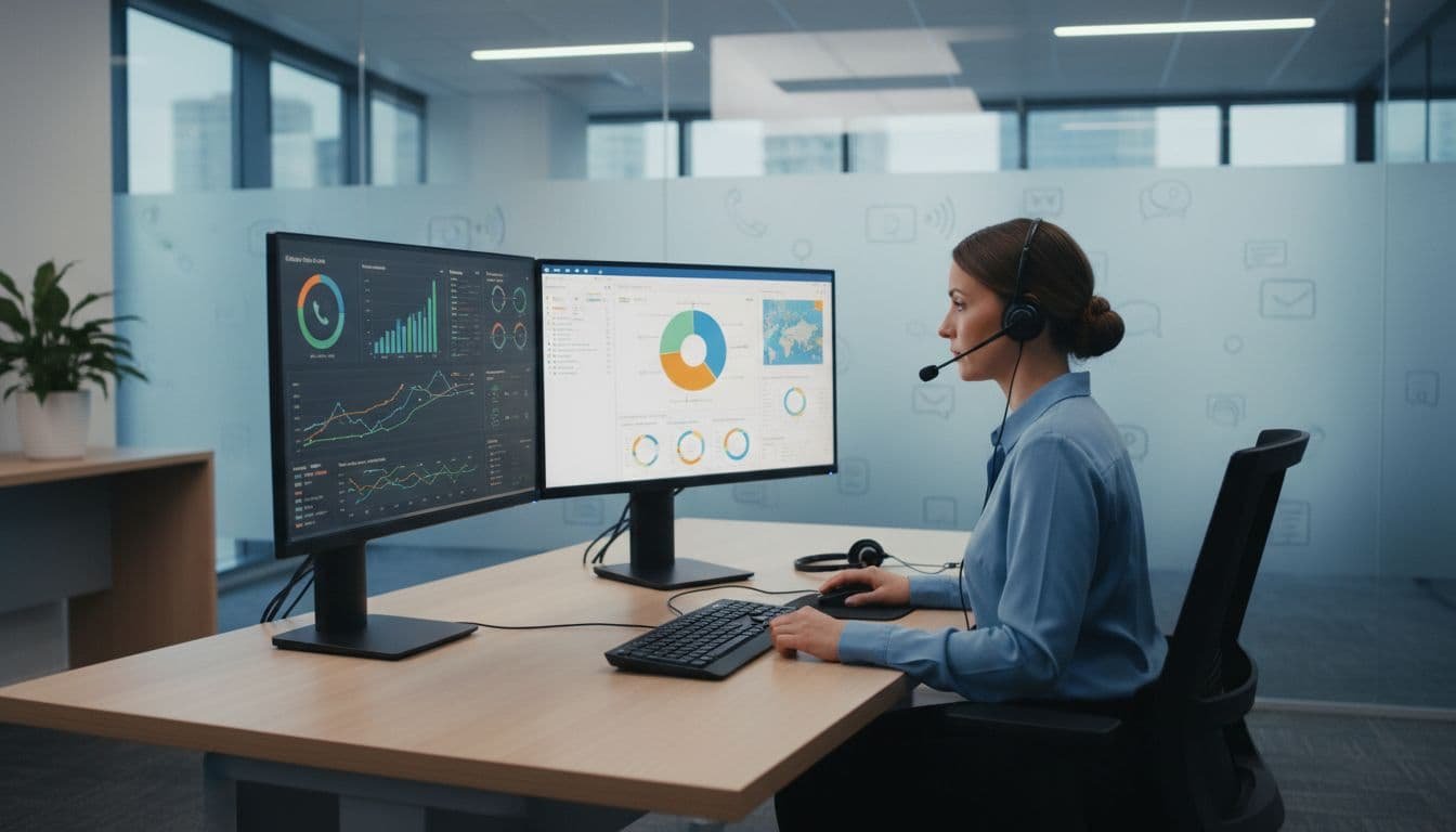 Call center agent reviews inbound call analytics on dual monitors, headset on desk.
