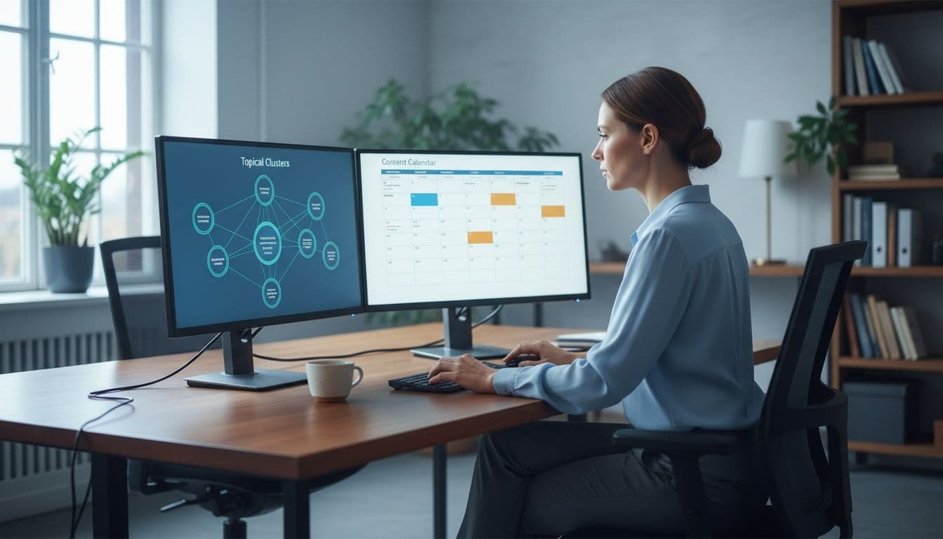 Photo-realistic landscape of a content marketer at a desk in a professional office analyzing SERP data and AI-generated topical clusters on dual monitors, one showing keyword clusters and the other a content calendar, with natural light and subtle blue tones.