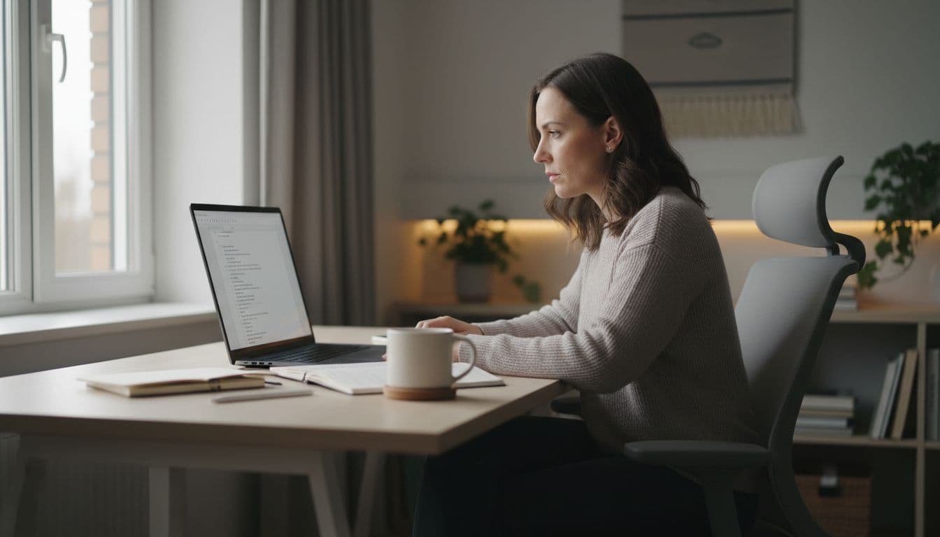 Photo-realistic scene of a remote content marketer at a home office desk, generating an AI SEO brief on a laptop screen angled away with vague outline structure, coffee mug nearby, focused expression, professional notes setup, natural window light, clean modern aesthetic.