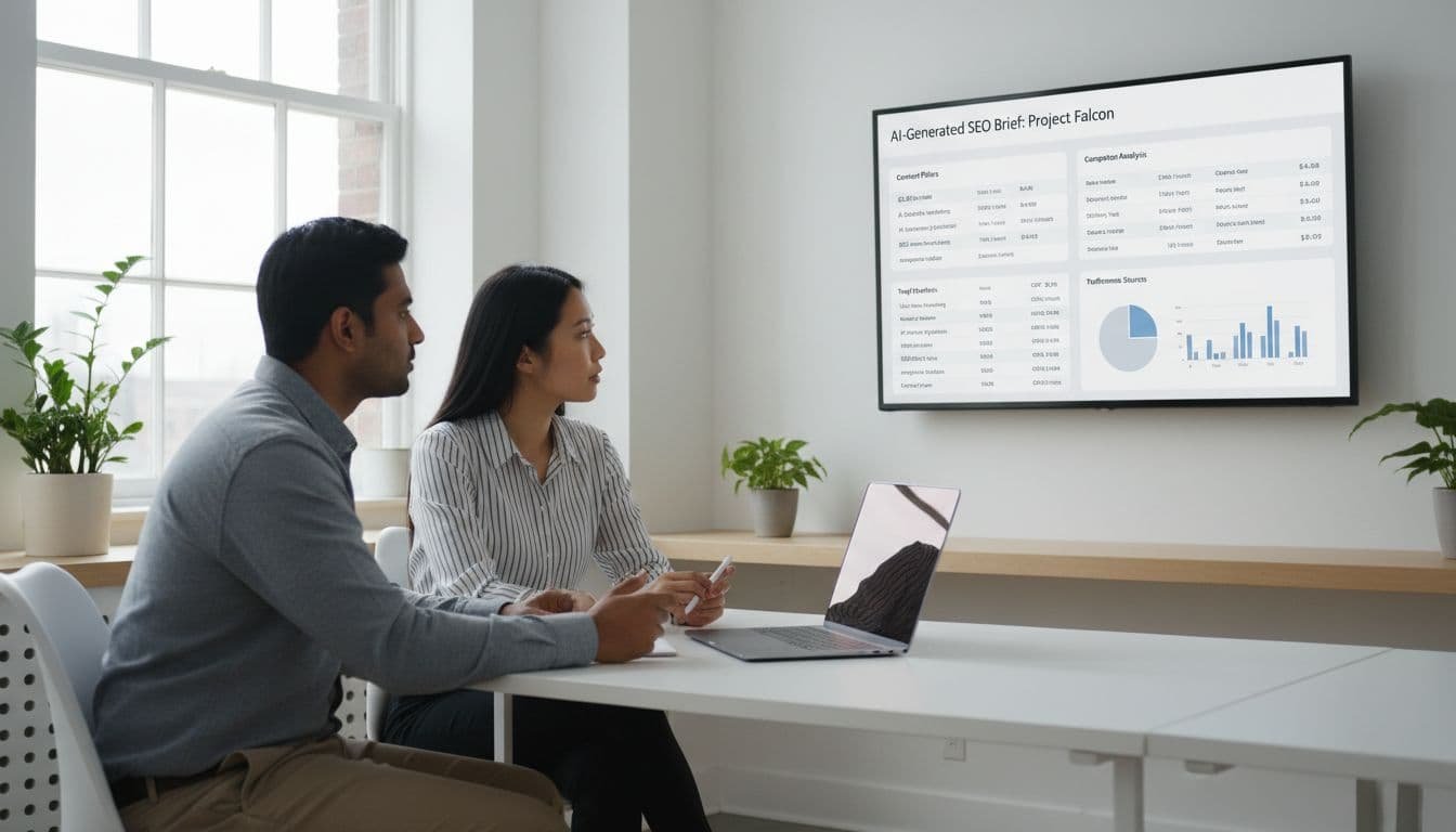 Photo-realistic image of two diverse professionals in a modern bright office reviewing a large screen dashboard displaying an SEO brief outline with headings, keywords, and metrics; collaborative pose in clean B2B SaaS aesthetic.