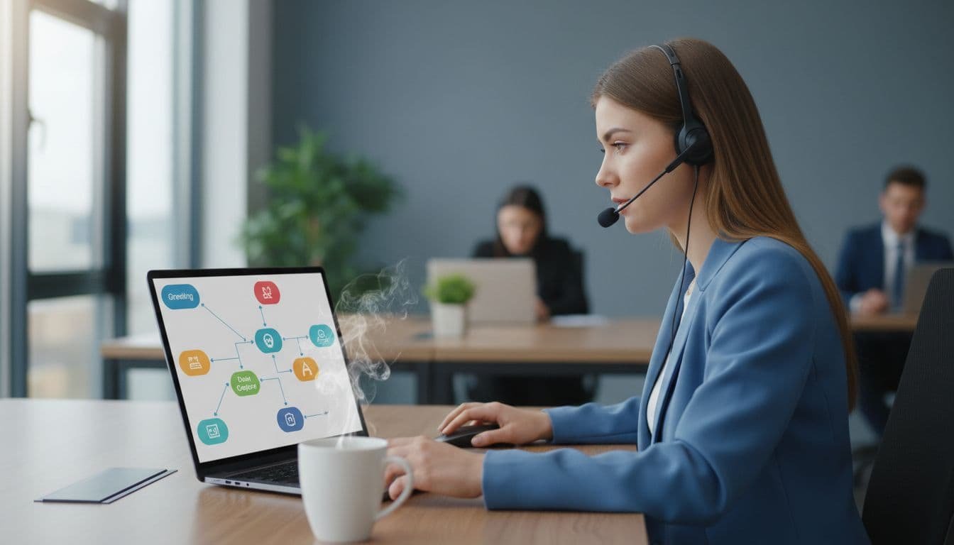Customer support agent with headset views call flow diagram on laptop in office, coffee mug nearby.