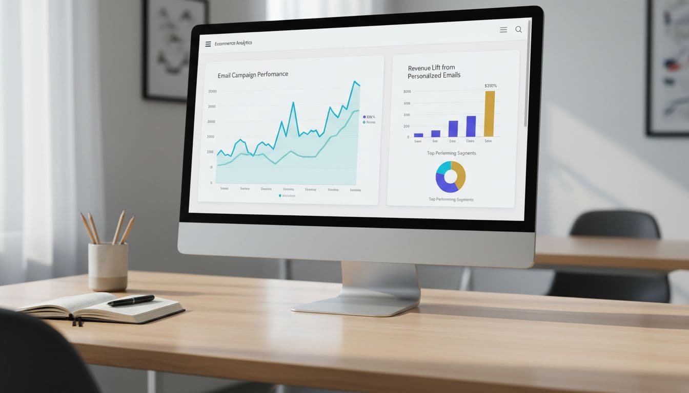 Photo-realistic landscape of an ecommerce analytics screen on a computer displaying AI-generated email campaign performance graphs and revenue lift from personalized emails, with a small team notebook on a clean desk under soft office lighting, high detail, no people, no text or logos.