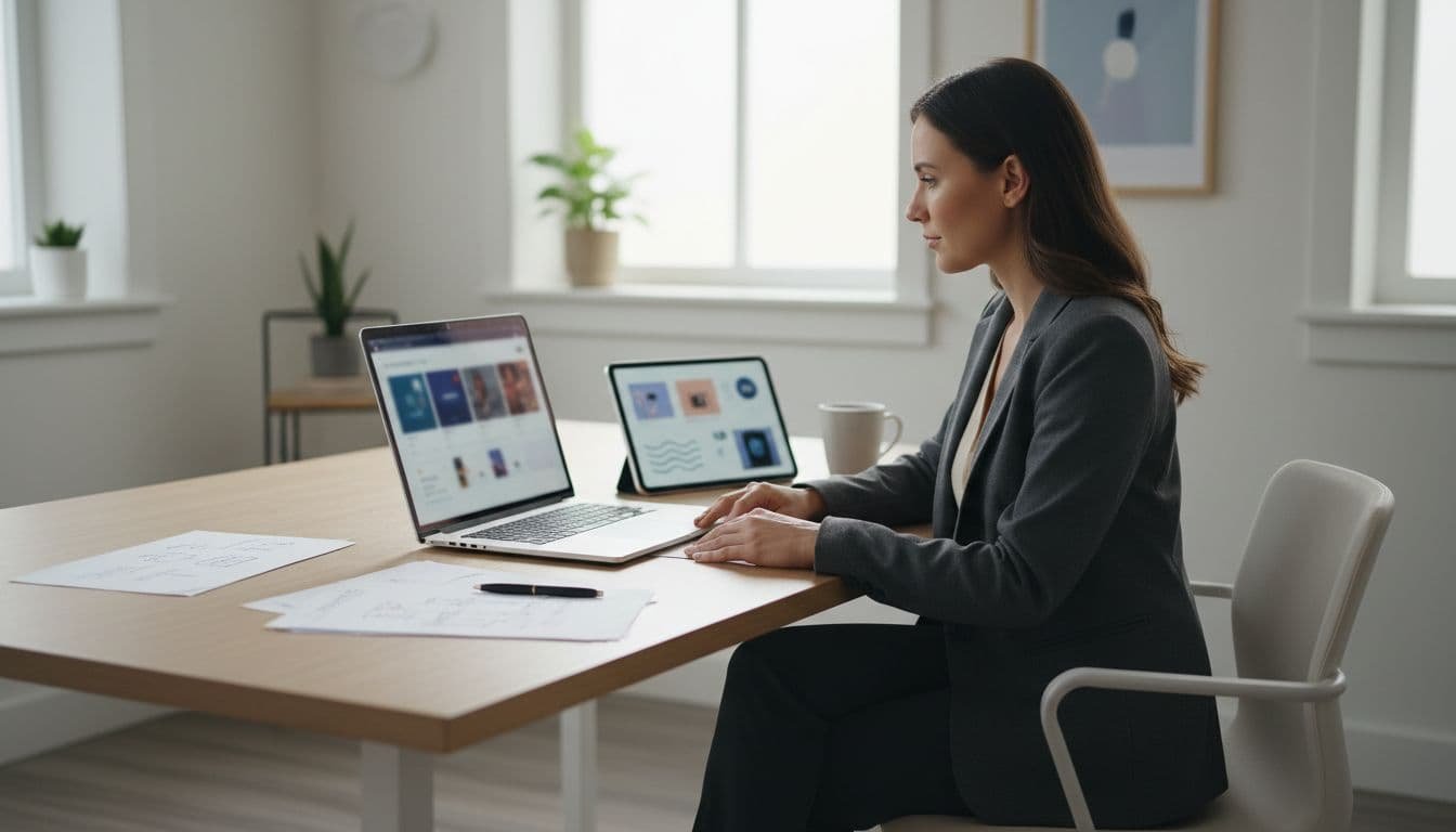 Photo-realistic image of a professional ecommerce manager in business casual reviewing AI-generated product copy on a modern Shopify dashboard via laptop in a bright home office workspace with clean lighting and subtle tech elements.