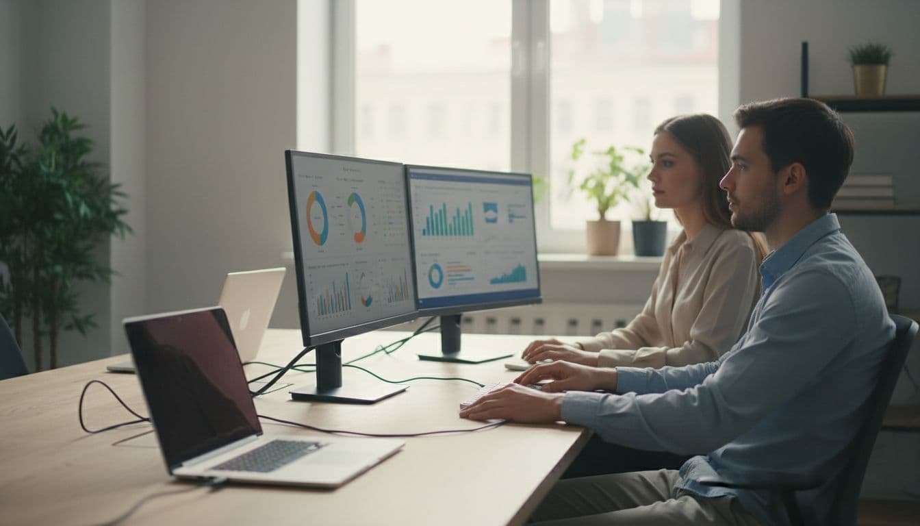 Photo-realistic landscape of two small ecommerce team members at a desk comparing AI email marketing tool analytics on dual monitors with blurred charts of open rates and conversions, professional setup with natural lighting.