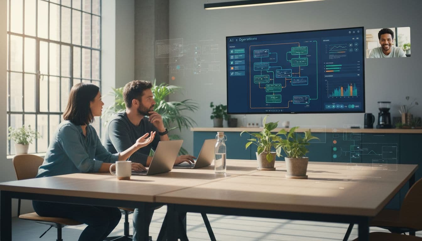 A small hybrid US team in a modern open office: two colleagues at a desk with laptops view a shared AI operations dashboard on screen, featuring a remote participant in video call inset and subtle automation flow charts. Relaxed collaborative energy with plants, coffee, and natural lighting.