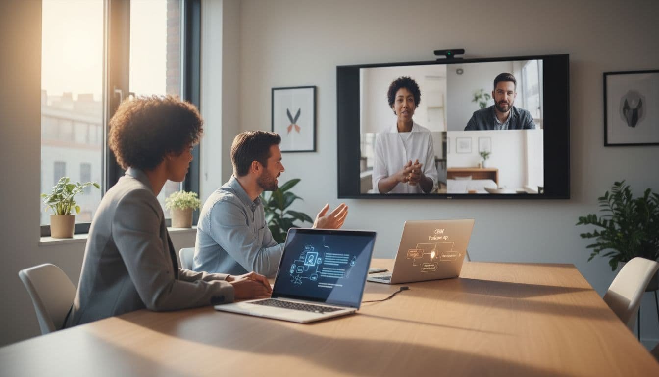Photo-realistic depiction of a collaborative hybrid team meeting in a modern conference room with remote participants on screens, featuring subtle AI note capture on a laptop and CRM follow-up workflow under clean natural lighting.