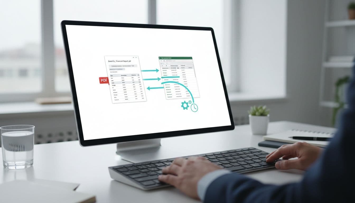 Laptop on office desk displays open PDF beside Excel spreadsheet with data flow arrows; analyst hands rest near keyboard.