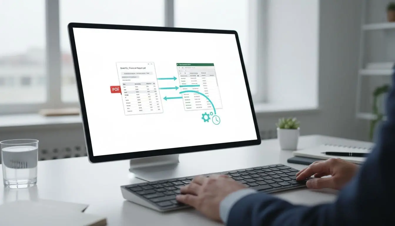 Laptop on office desk displays open PDF beside Excel spreadsheet with data flow arrows; analyst hands rest near keyboard.