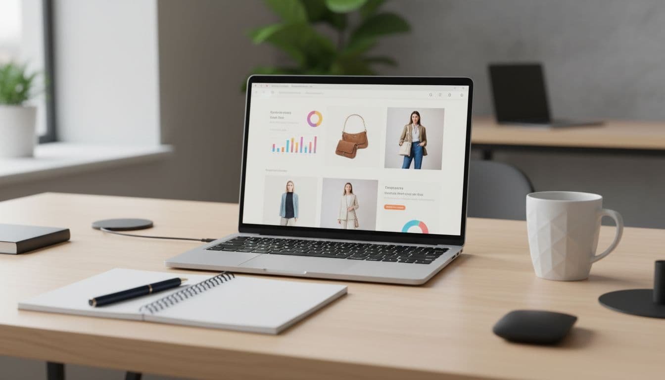 Photo-realistic close-up of product listing optimization workflow on a modern desk with laptop displaying blurred analytics charts and ecommerce imagery, notebook, and coffee mug. Premium Shopify aesthetic in clean lighting with professional office vibe.