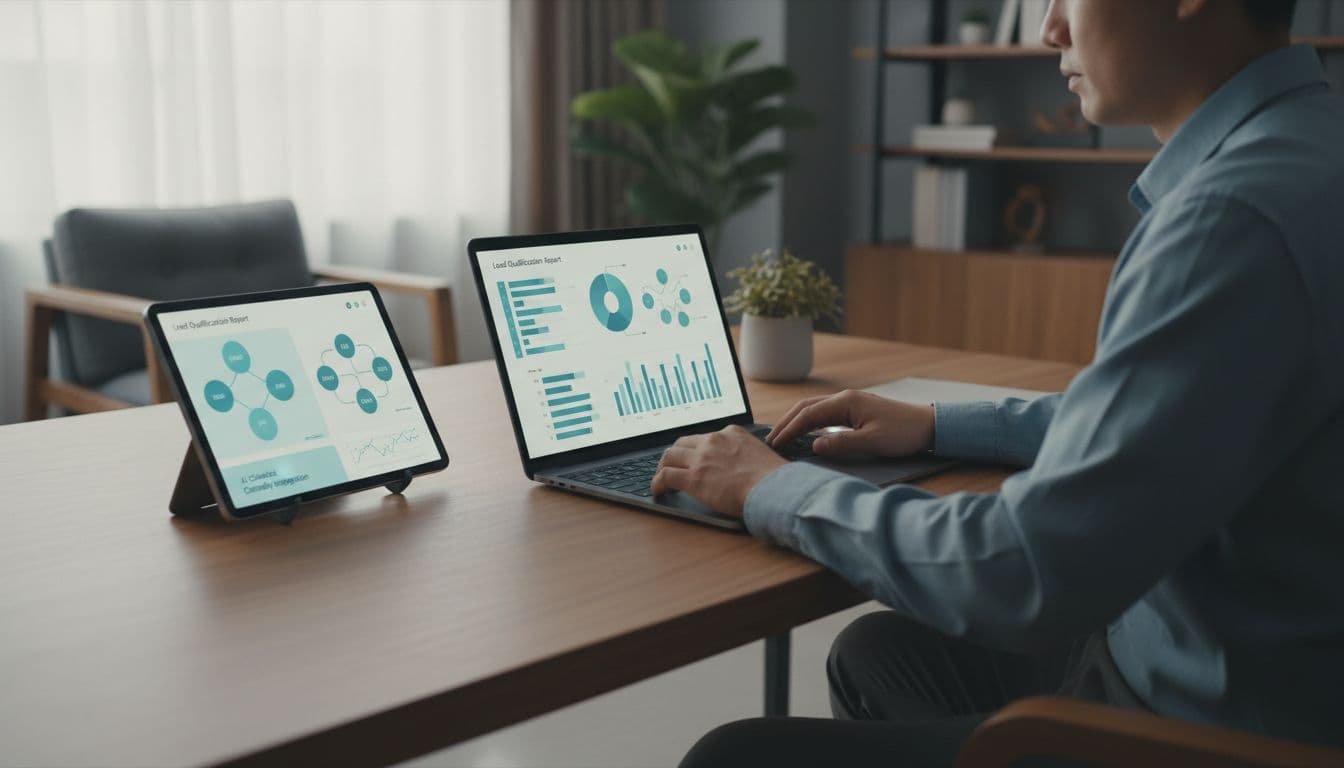Photo-realistic depiction of a professional in a modern home office analyzing a lead qualification report from an AI chatbot Calendly integration on tablet and laptop, with visible charts but no text, soft lighting, and B2B sales aesthetic.