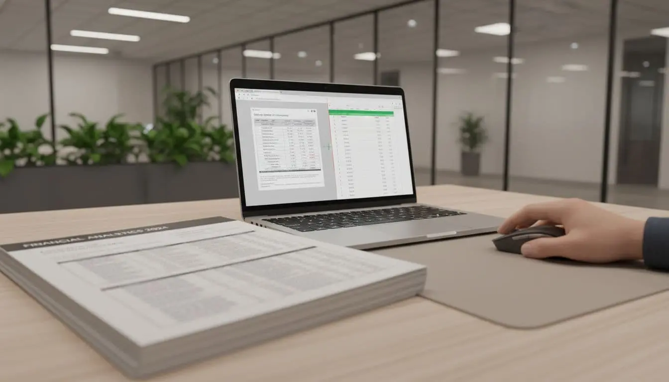 Close view of desk with printed PDF report containing tables next to laptop showing Excel data output and before-after screen comparison, hand adjusting mouse.